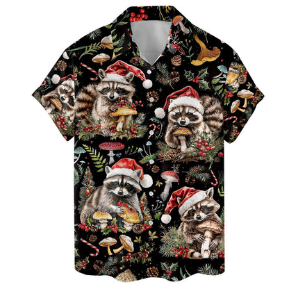 Front view of holiday Hawaiian shirt with Santa hat raccoons and woodland details