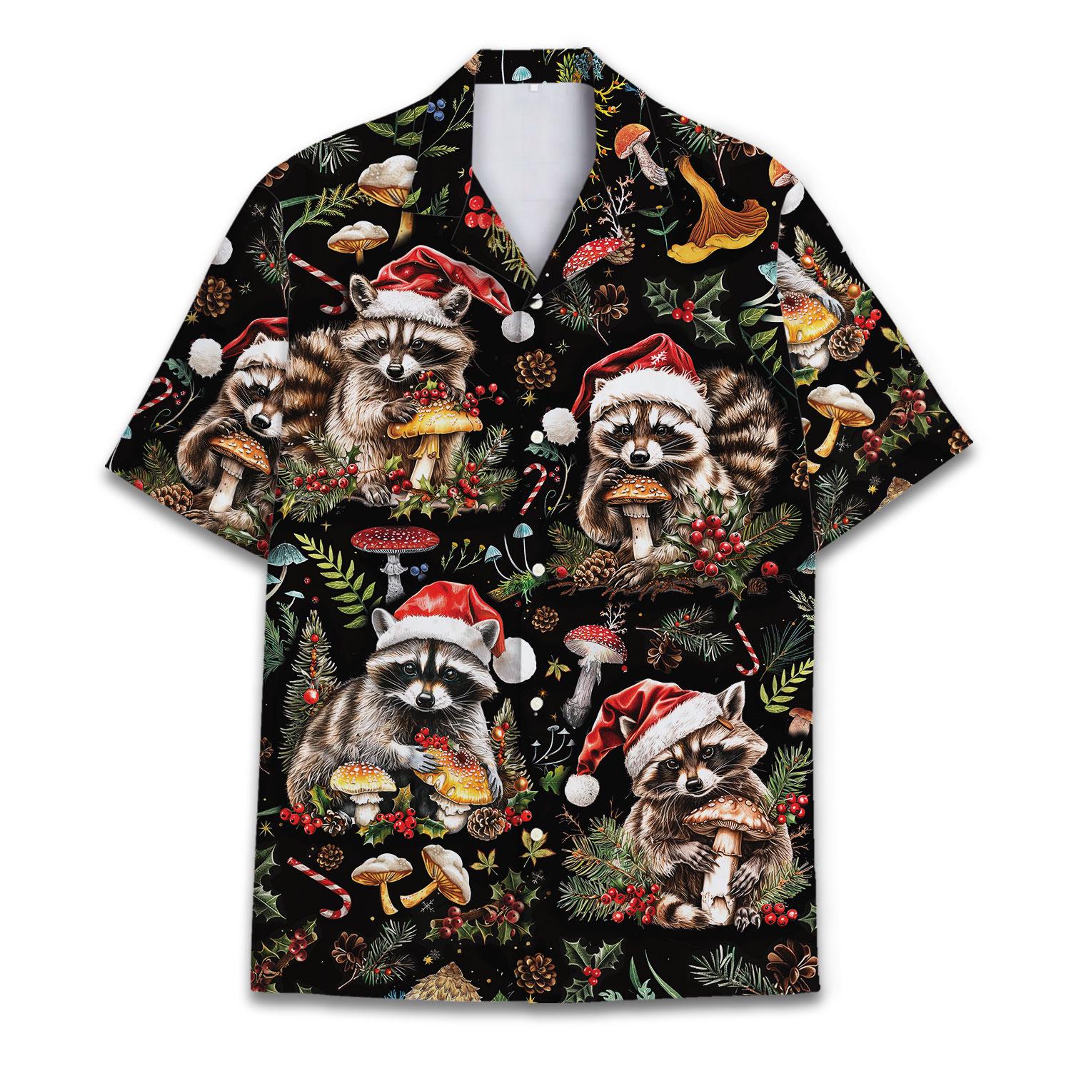 Front view of black Christmas Hawaiian shirt with raccoons wearing Santa hats