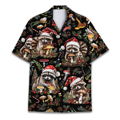 Front view of black Christmas Hawaiian shirt with raccoons wearing Santa hats