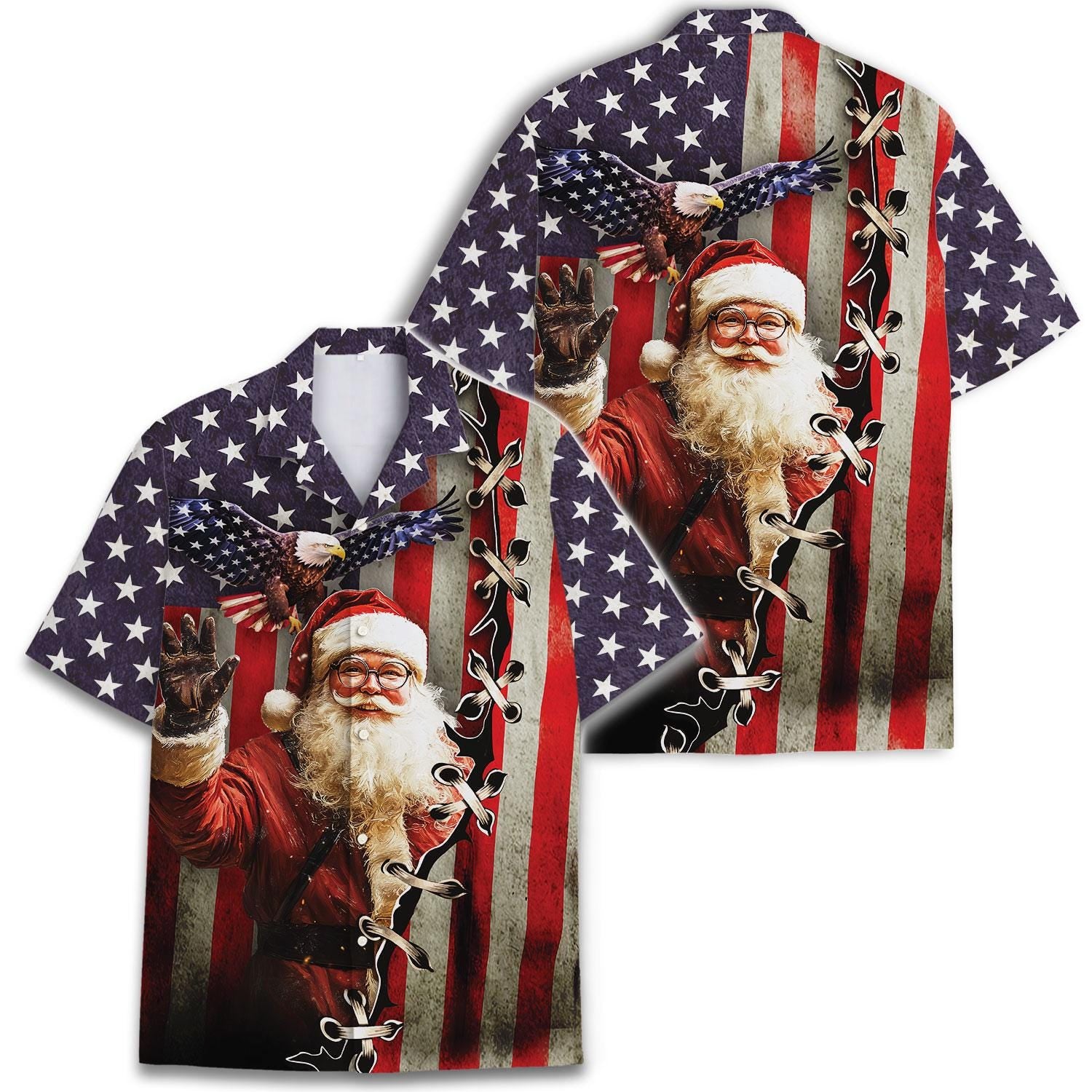 Two views of a Santa and bald eagle patriotic Christmas Hawaiian shirt