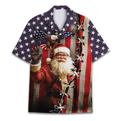 Front view of a Santa Claus and bald eagle Christmas Hawaiian shirt with American flag stars and stripes