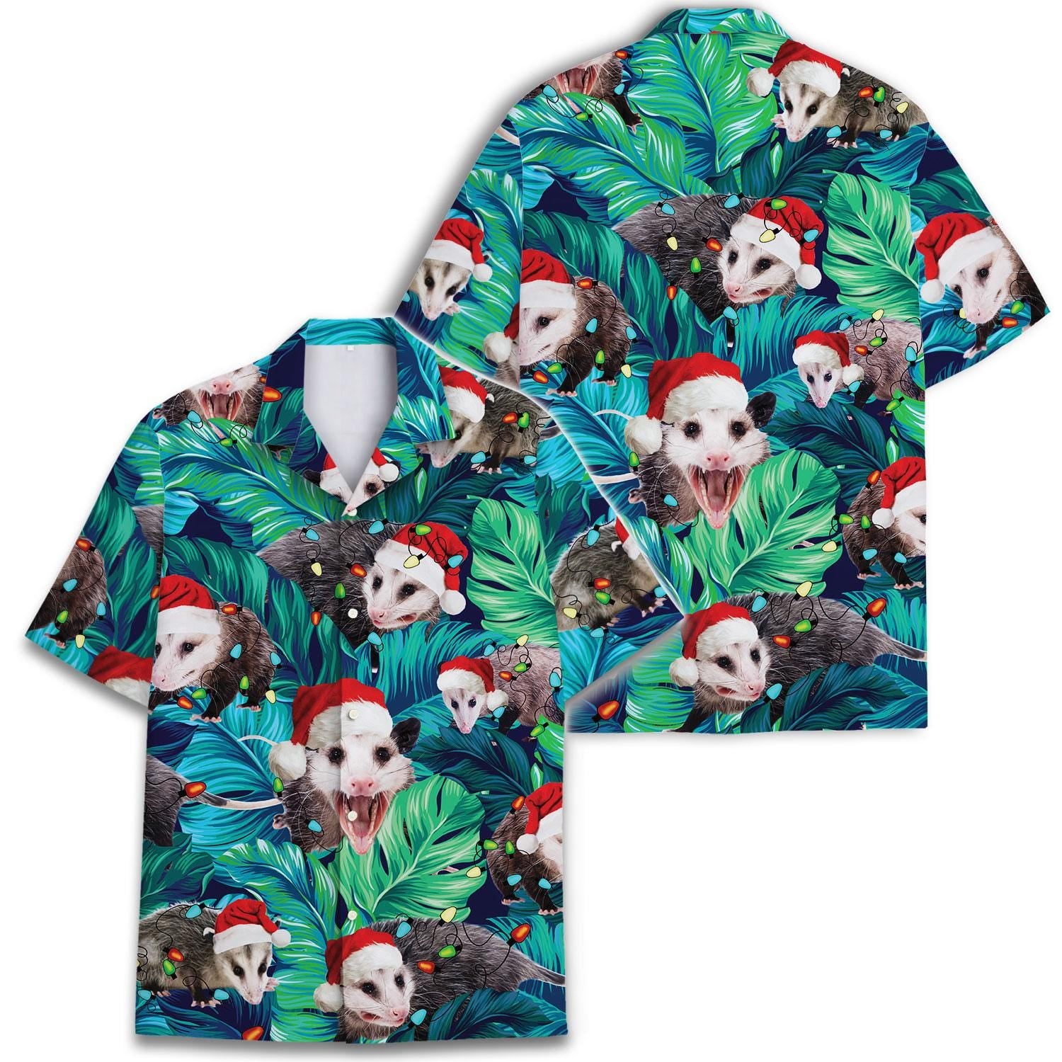 Two views of a festive opossum Hawaiian shirt with holiday lights