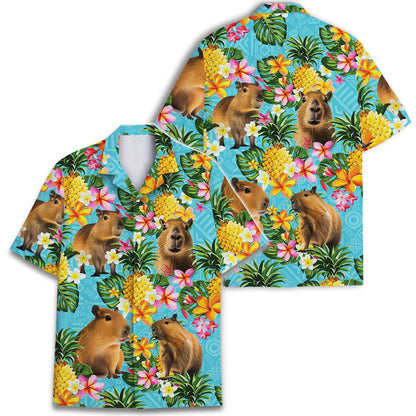Front and back views of a colorful capybara Hawaiian shirt with a tropical floral print