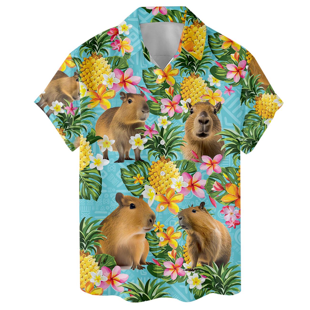 Front view of a capybara Hawaiian shirt featuring pineapples, flowers, and green leaves
