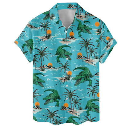 Flat front view of short-sleeve turquoise island print Hawaiian shirt