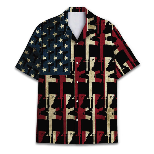 Front view of a patriotic Hawaiian shirt with stars and repeating red and cream rifle graphics