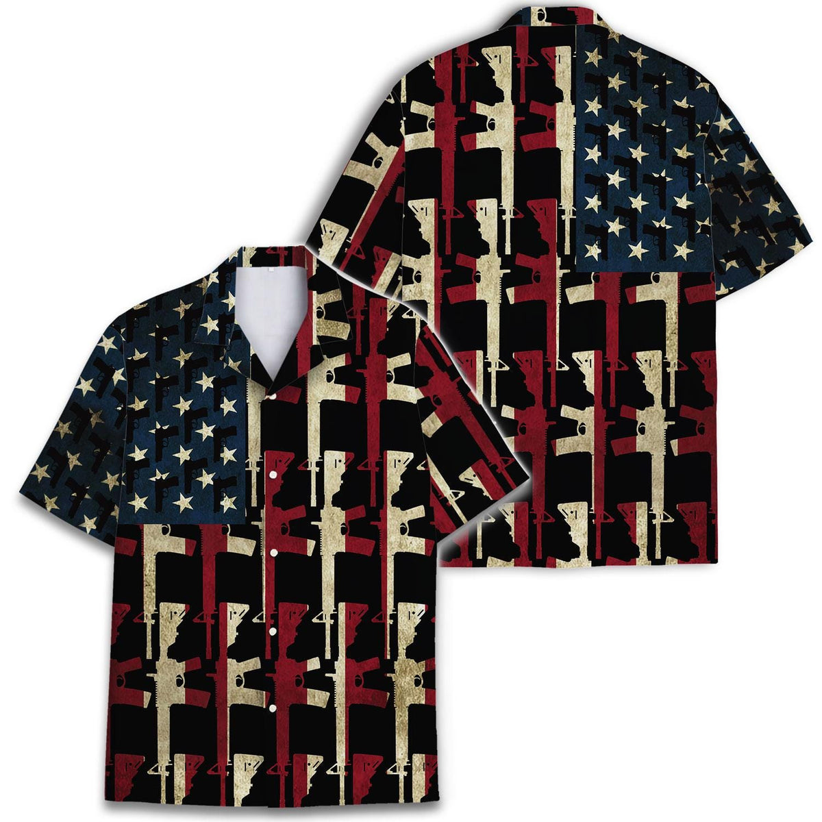 Front and back views of a red white and blue rifle pattern Hawaiian shirt