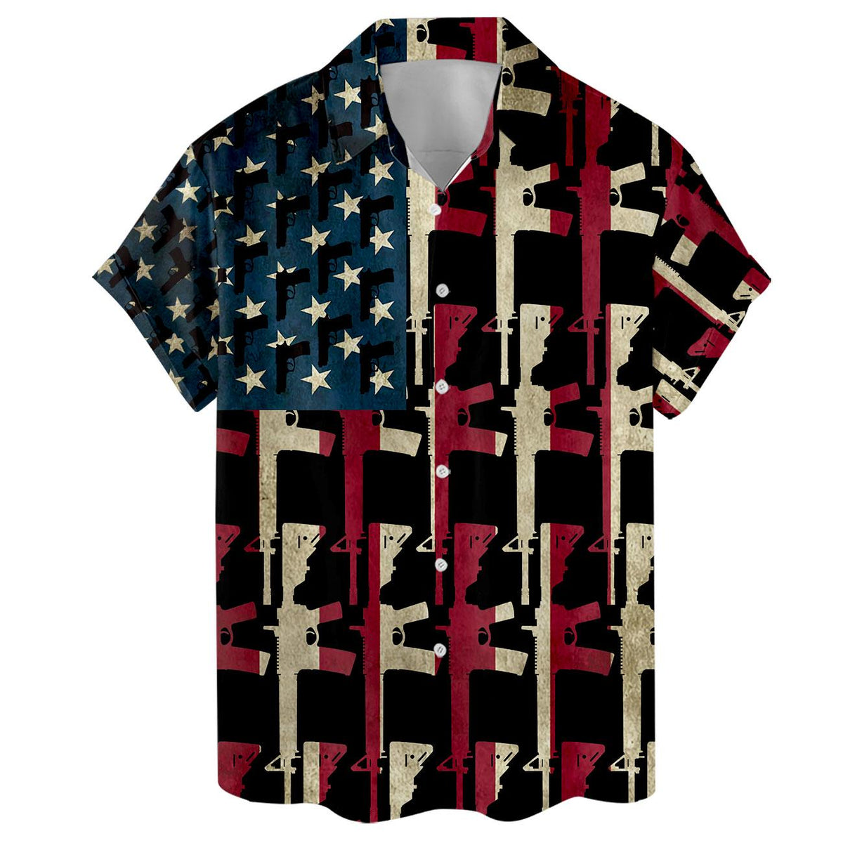 Front view of a short-sleeve button-front Hawaiian shirt with Americana rifle pattern