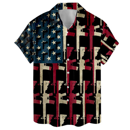 Front view of a short-sleeve button-front Hawaiian shirt with Americana rifle pattern
