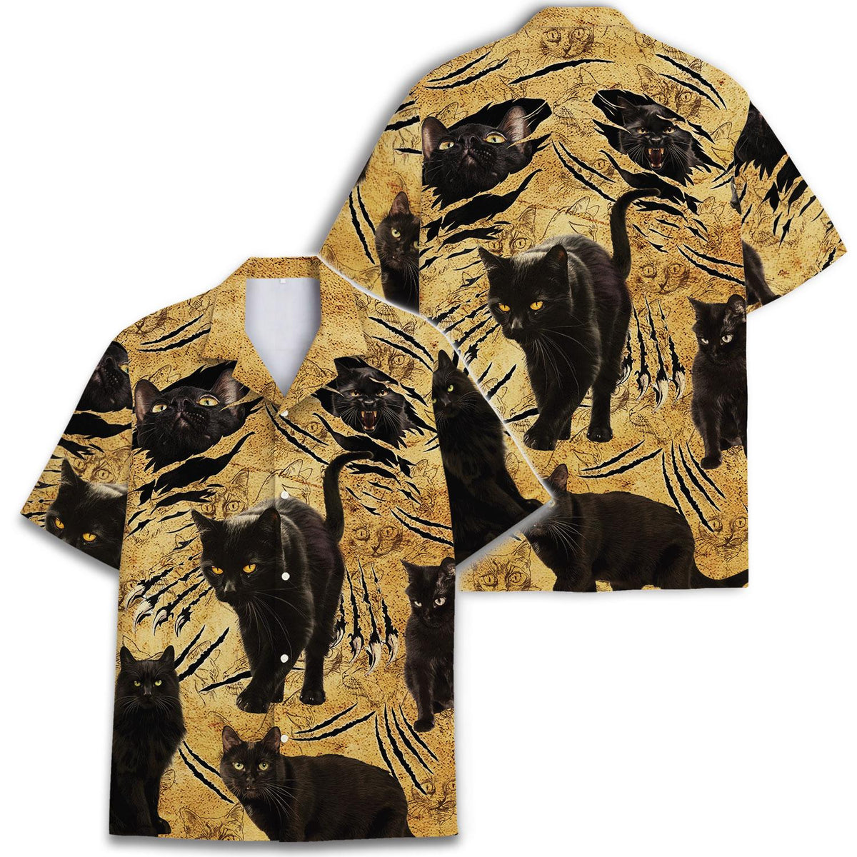 Front and back views of a golden black cat Hawaiian shirt