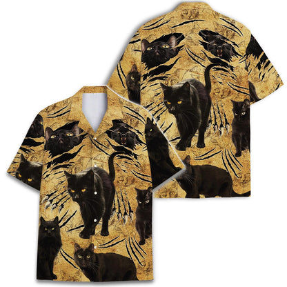 Front and back views of a golden black cat Hawaiian shirt