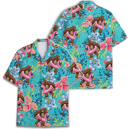 Two views of a turquoise tropical Hawaiian shirt featuring a repeating ape, flamingo, and floral print