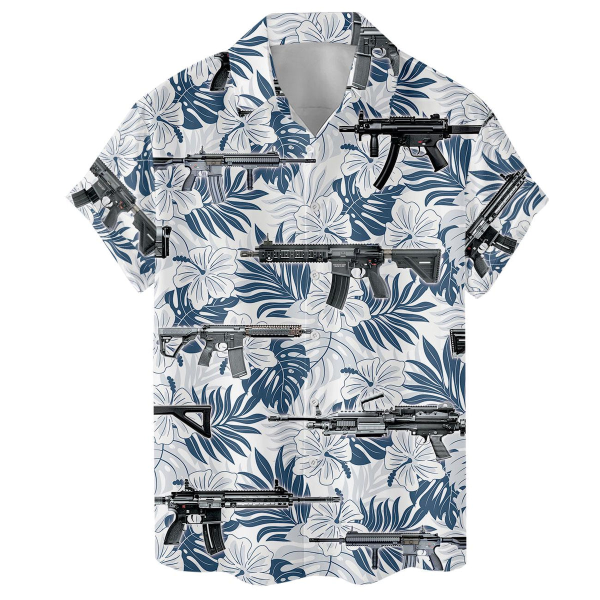 Front detail of short sleeve Hawaiian shirt with navy floral and firearm pattern