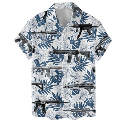 Front detail of short sleeve Hawaiian shirt with navy floral and firearm pattern