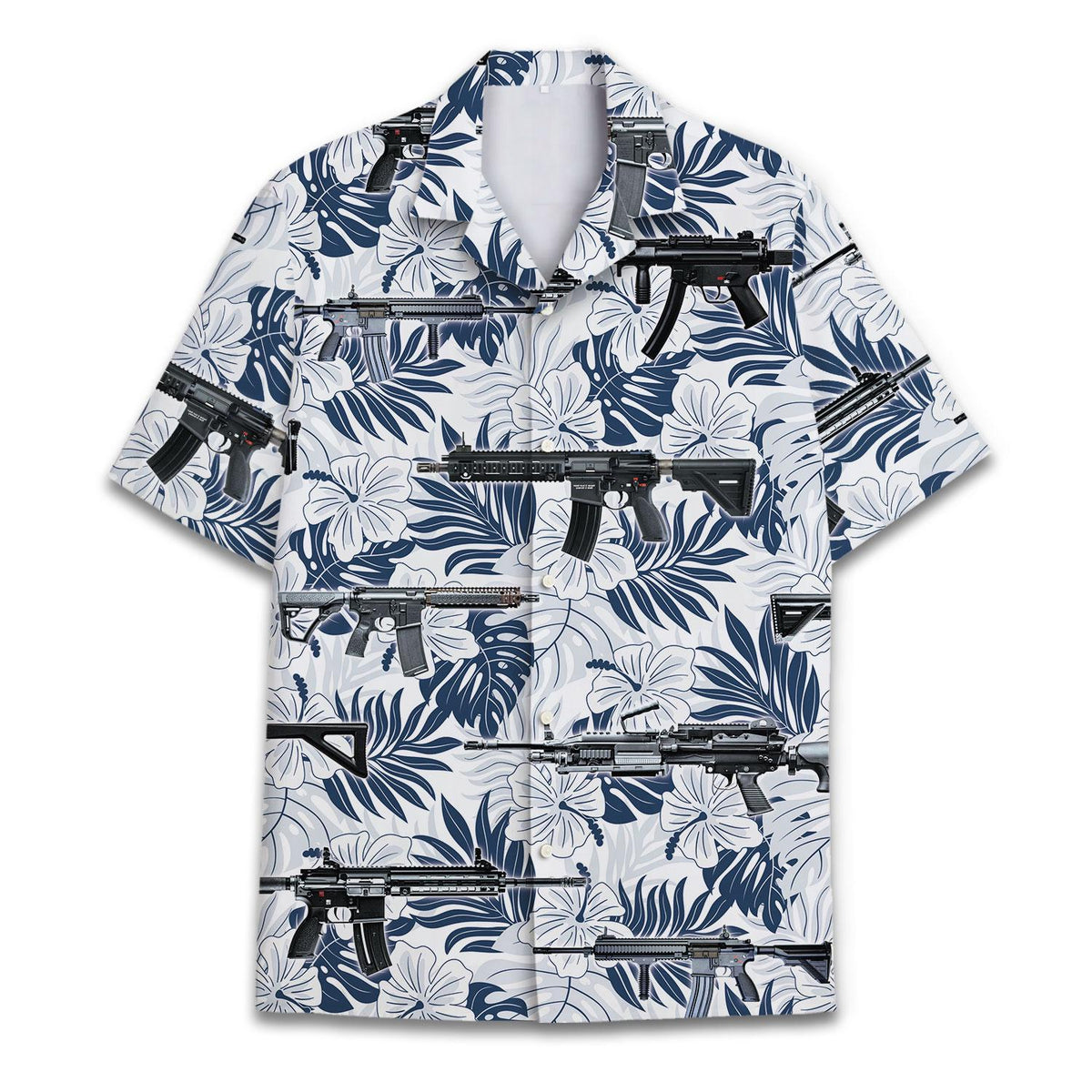Front view of white and navy Hawaiian shirt with tropical flowers, leaves, and firearm graphic print