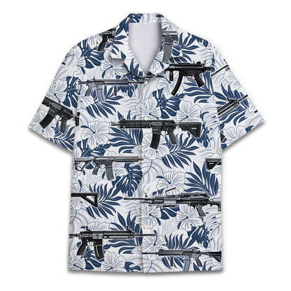 Front view of white and navy Hawaiian shirt with tropical flowers, leaves, and firearm graphic print