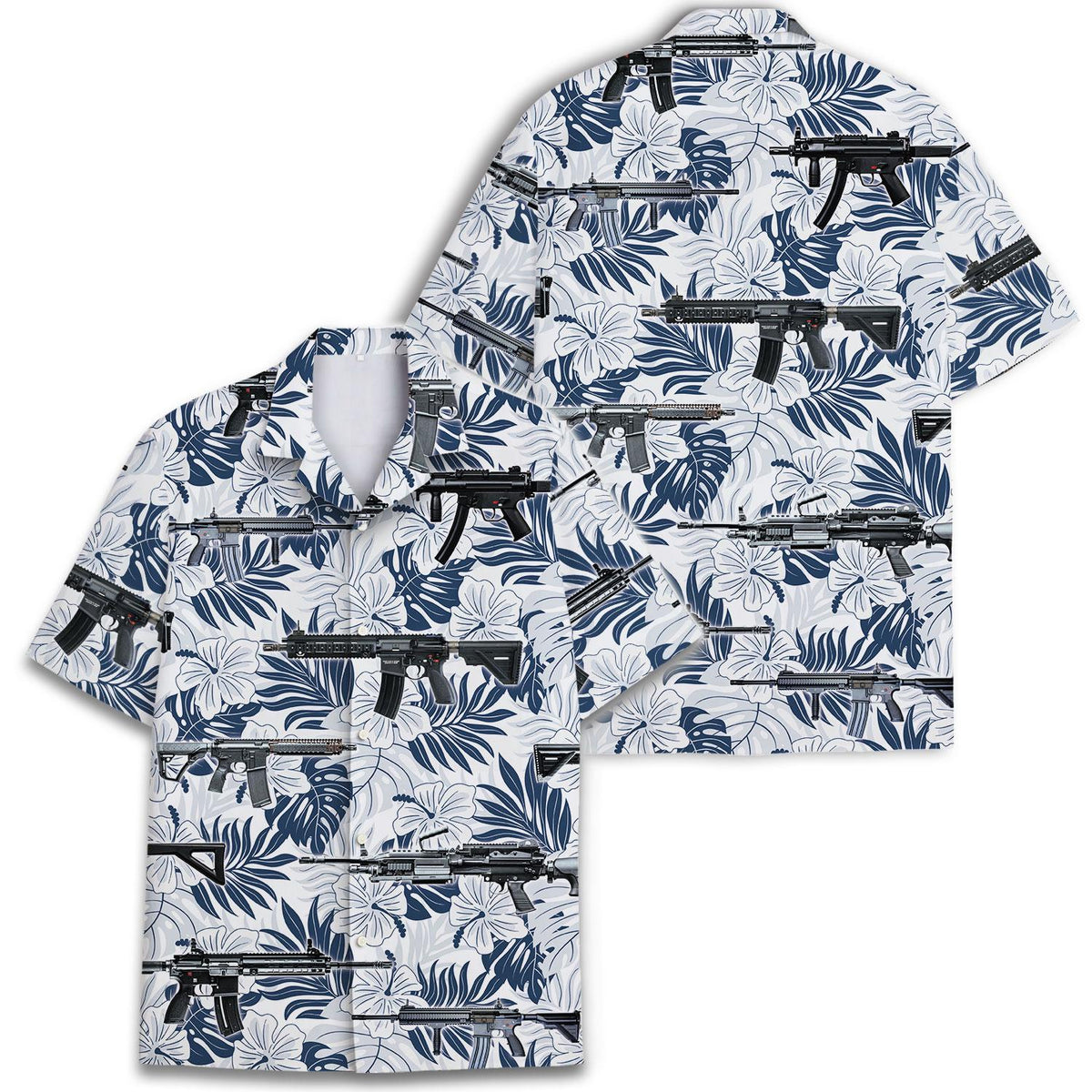 White and navy tropical firearm print Hawaiian shirt shown in front and back views