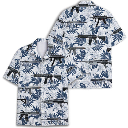 White and navy tropical firearm print Hawaiian shirt shown in front and back views