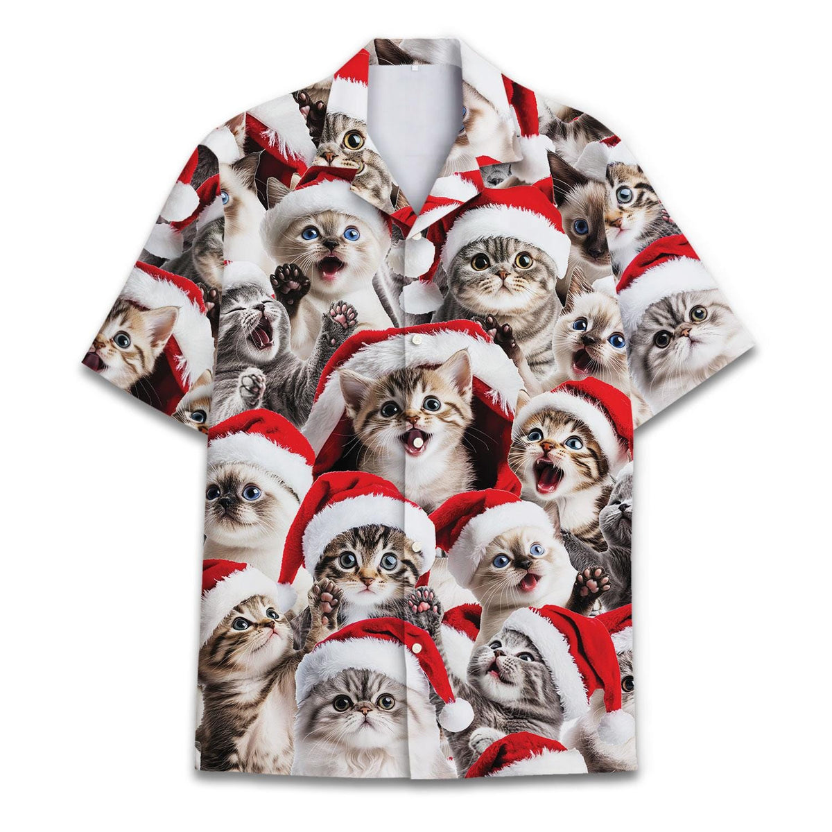 Front view of a festive Hawaiian shirt covered in kittens wearing Santa hats