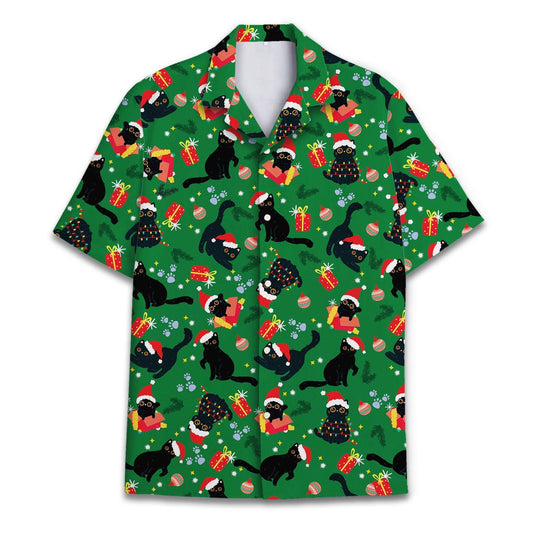Front view of green Christmas cat Hawaiian shirt with Santa hats, gifts, and trees