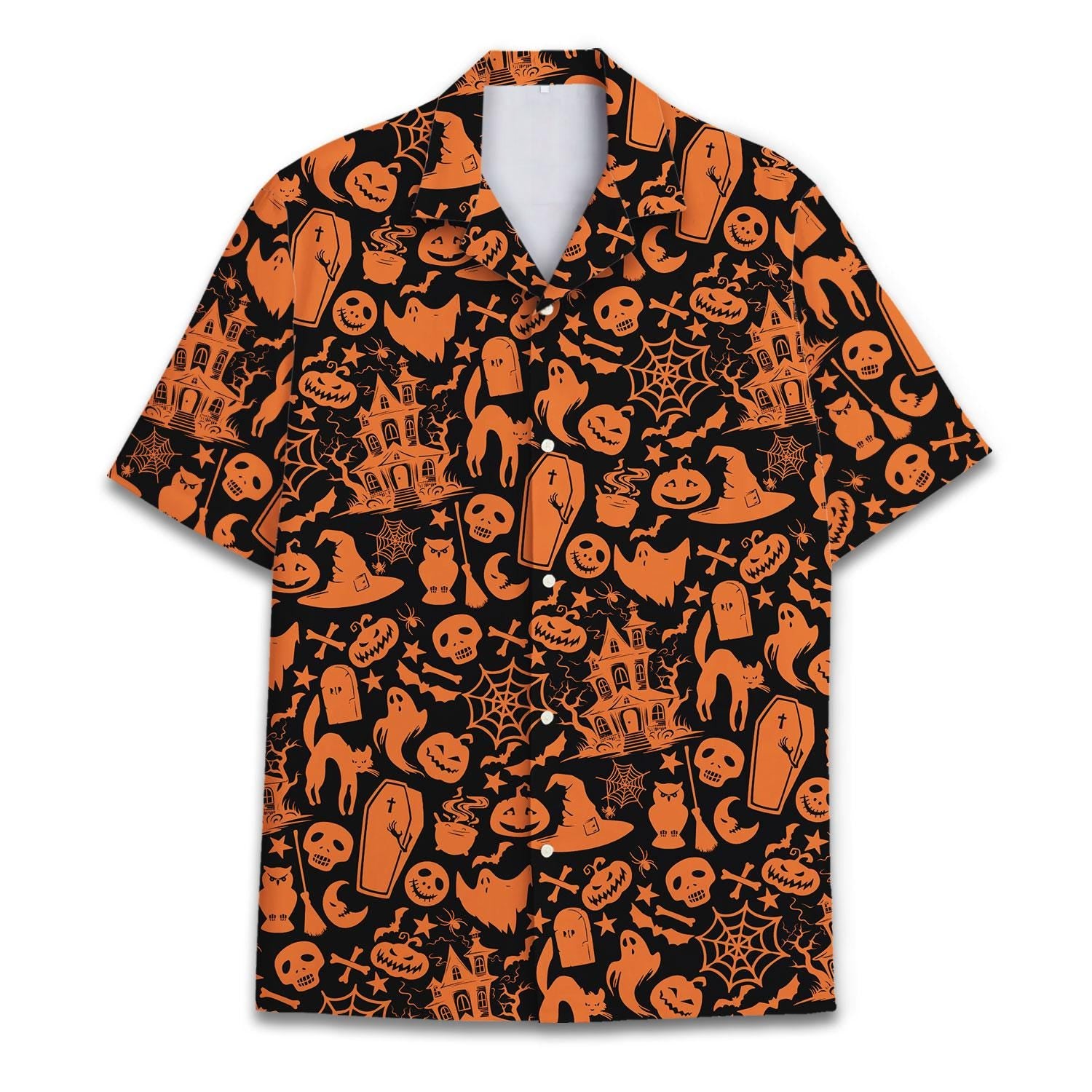 Front view of orange and black Halloween Hawaiian shirt with an all-over spooky print