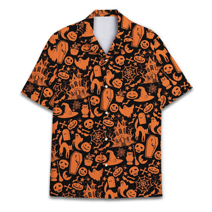 Front view of orange and black Halloween Hawaiian shirt with an all-over spooky print