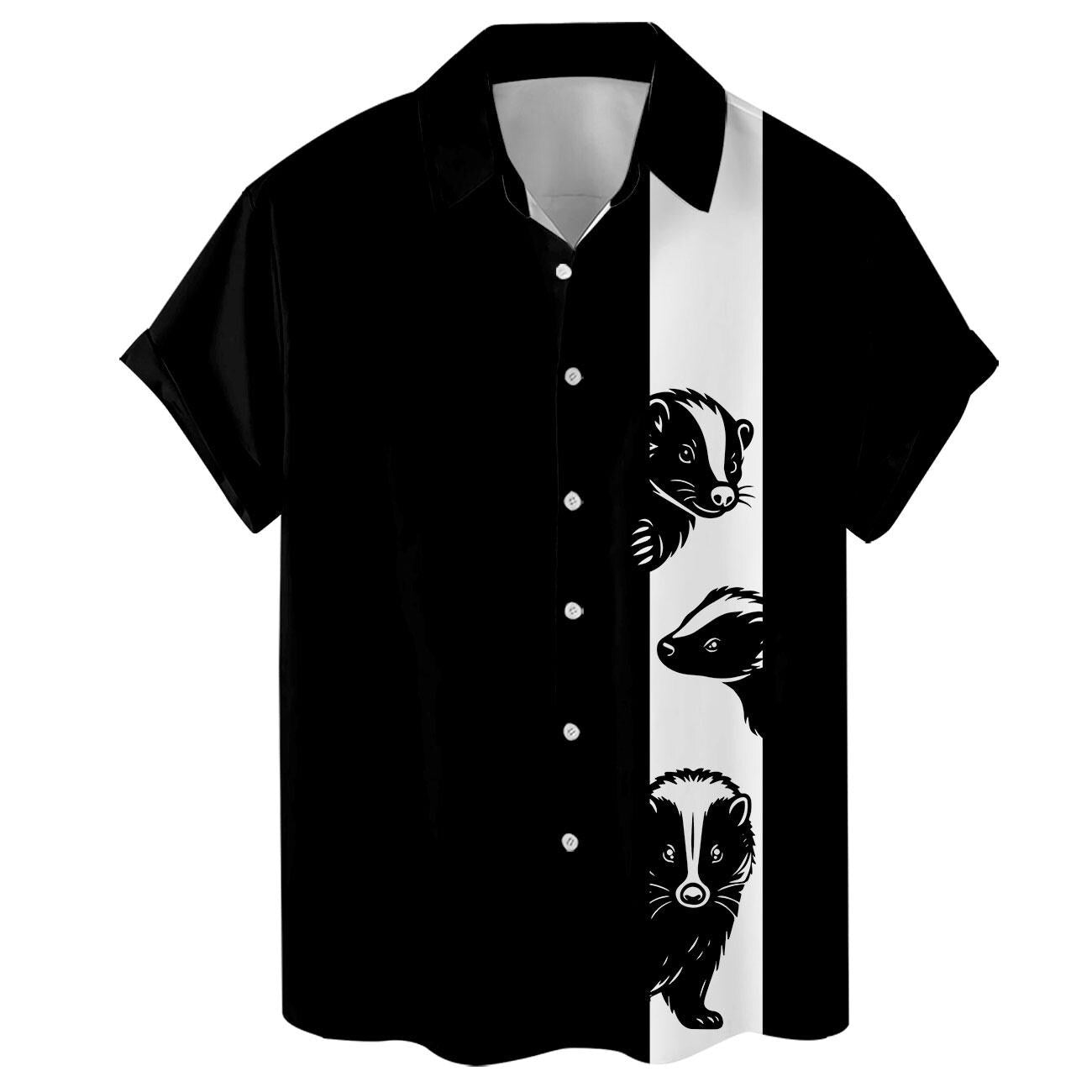 Front view showing button-front black shirt with vertical animal stripe