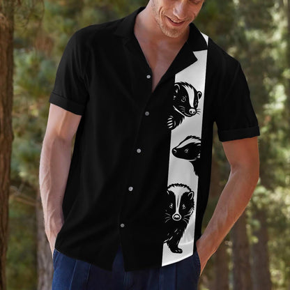 Model wearing black woodland animal Hawaiian shirt outdoors