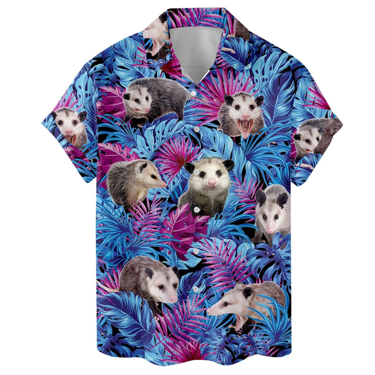 Flat front view of a short-sleeve opossum Hawaiian shirt with an open collar