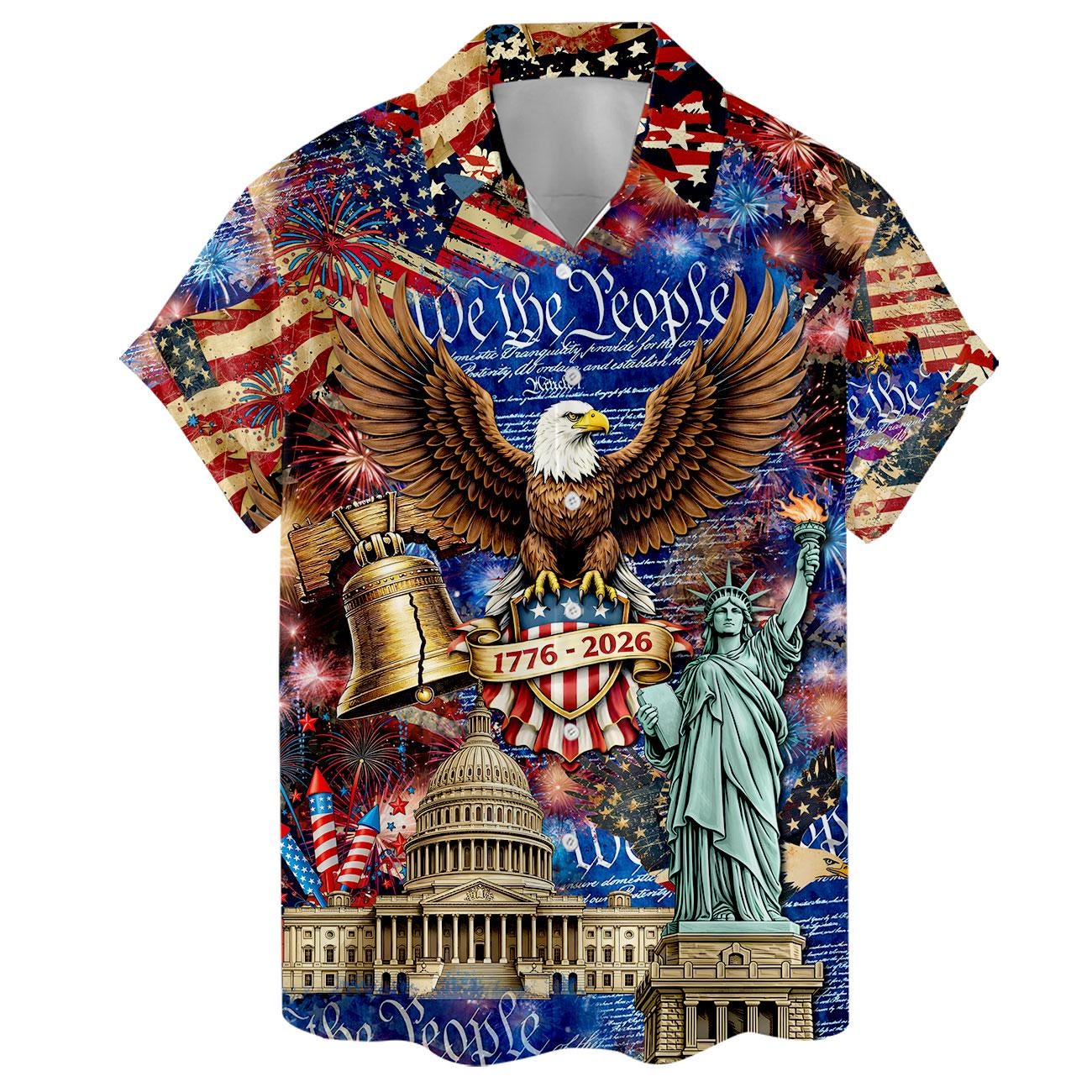Front product view of 1776-2026 American eagle Hawaiian shirt with Capitol and Statue of Liberty
