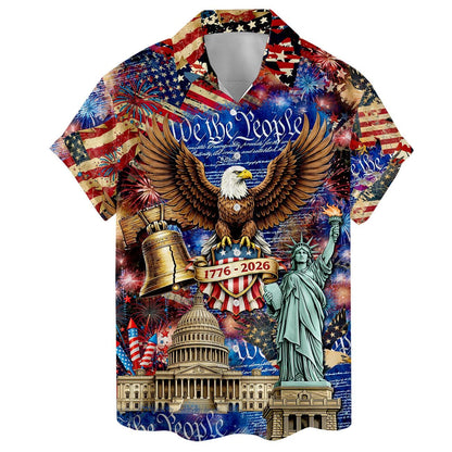 Front product view of 1776-2026 American eagle Hawaiian shirt with Capitol and Statue of Liberty