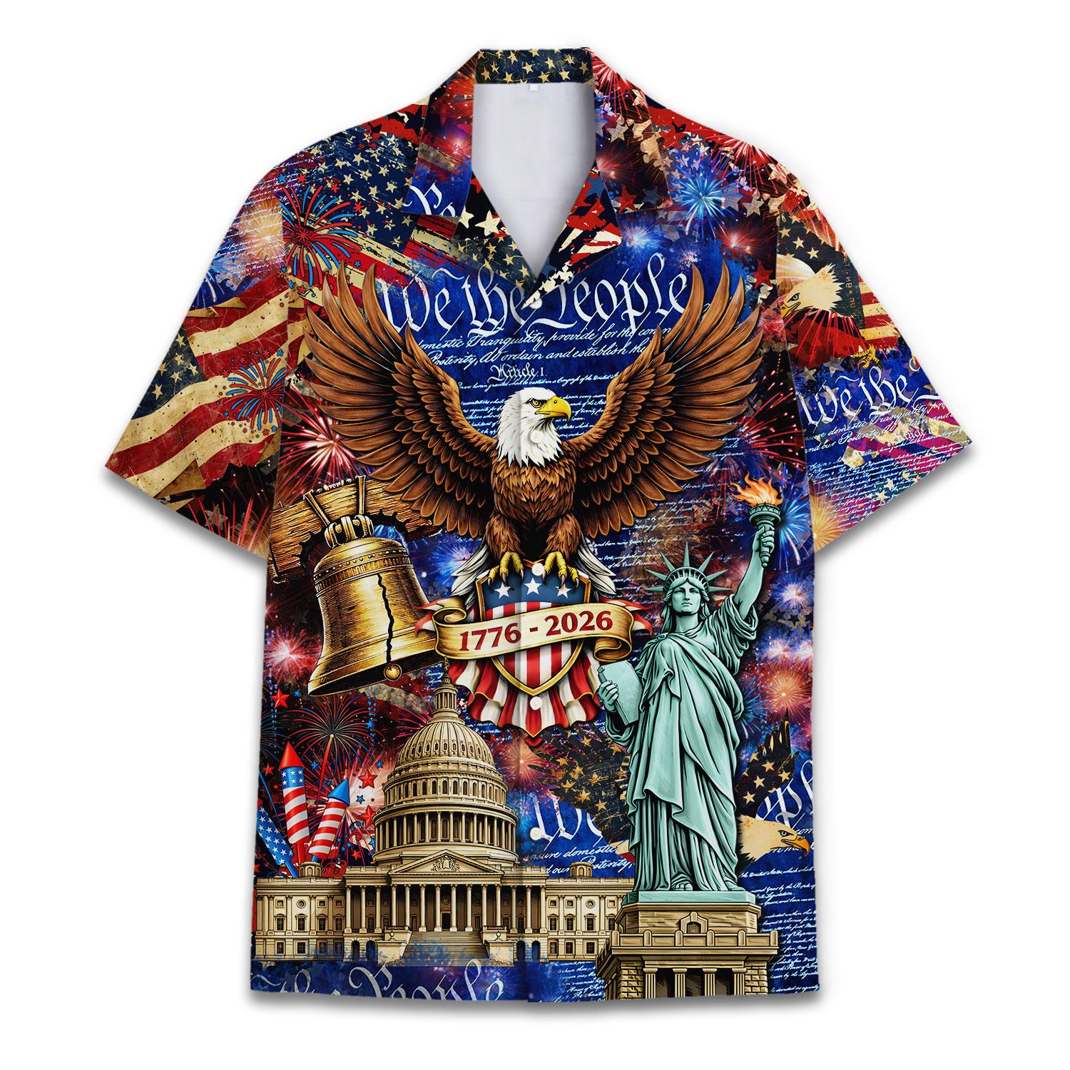 Front view of patriotic 1776-2026 Hawaiian shirt with eagle, fireworks, flag details, and American landmarks