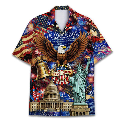 Front view of patriotic 1776-2026 Hawaiian shirt with eagle, fireworks, flag details, and American landmarks