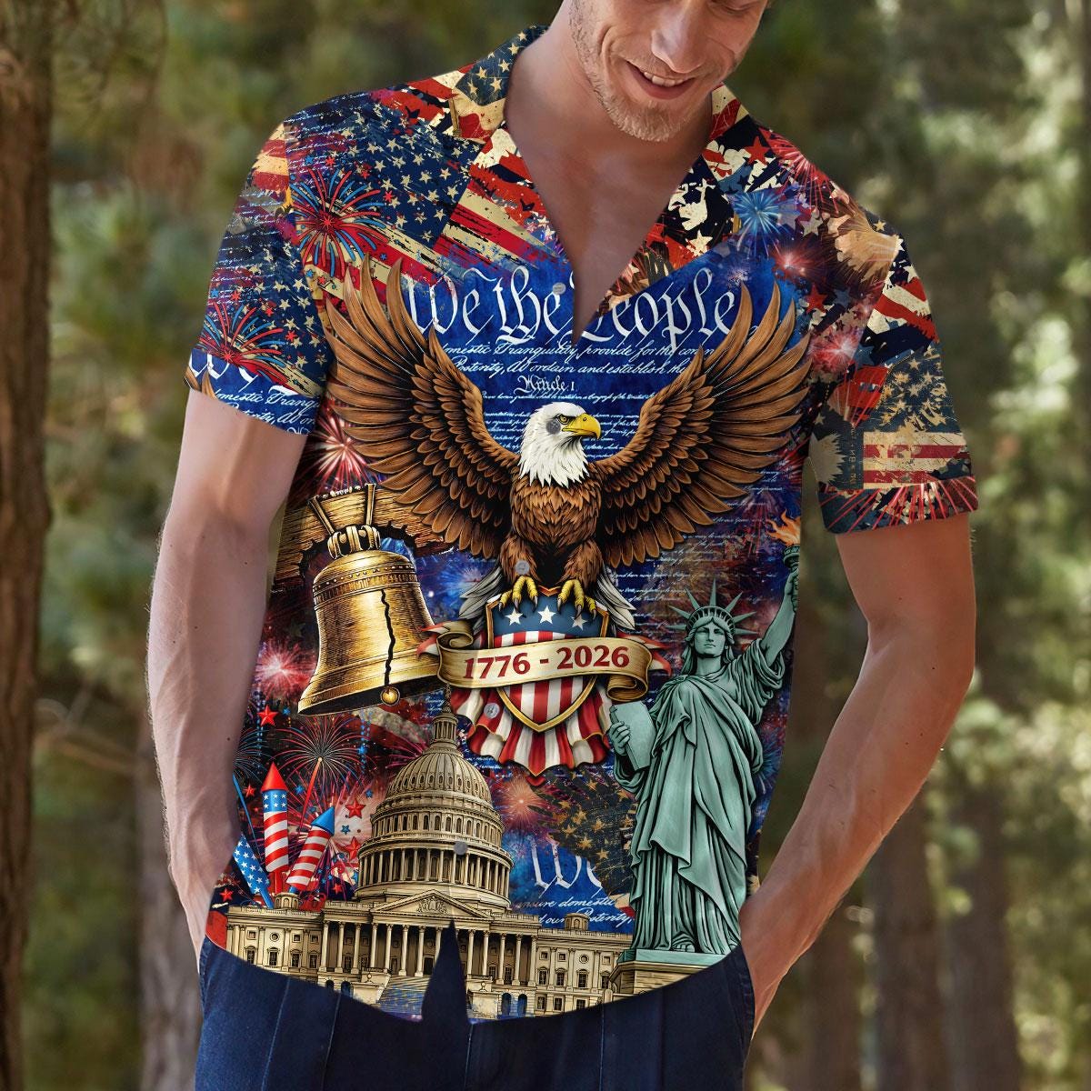 Model wearing the 1776-2026 patriotic Hawaiian shirt outdoors