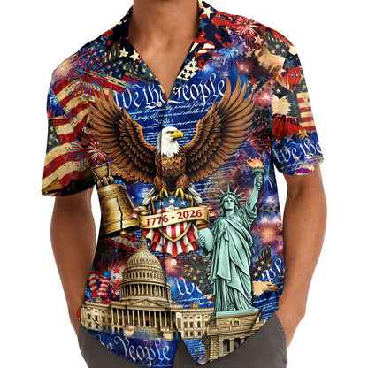 Model wearing the patriotic American eagle Hawaiian shirt