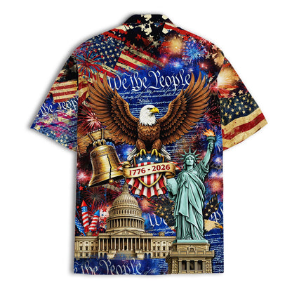 Back view of patriotic Hawaiian shirt with eagle, fireworks, and American flag design