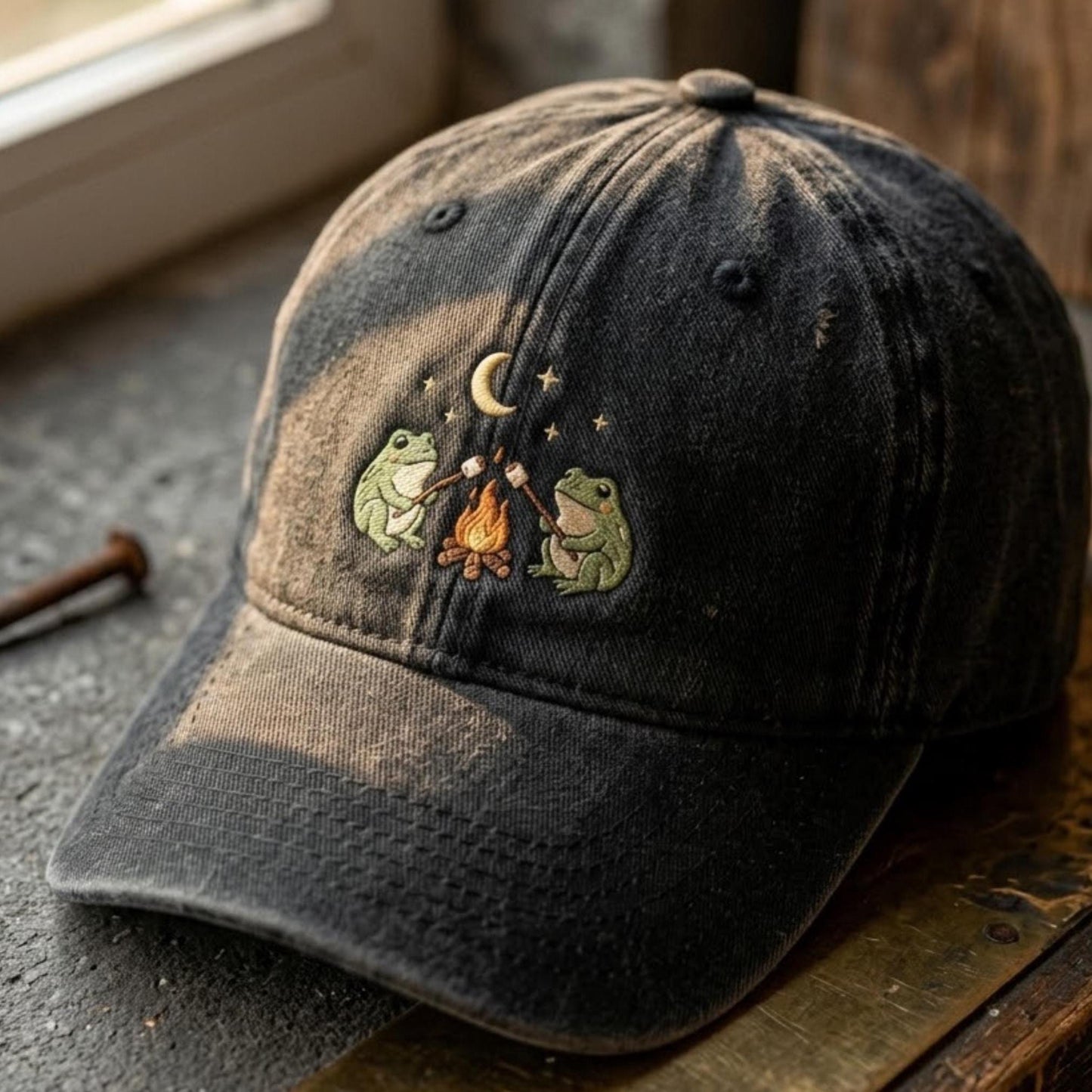 Close-up of frog campfire embroidery with a crescent moon on a black cap