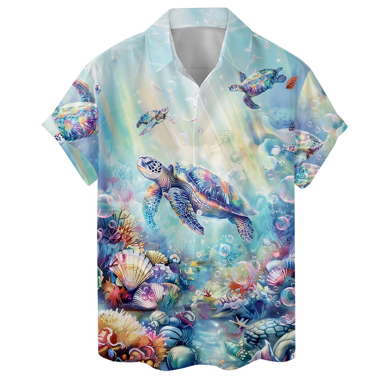Front view of tropical Hawaiian shirt with sea turtles and coral reef artwork