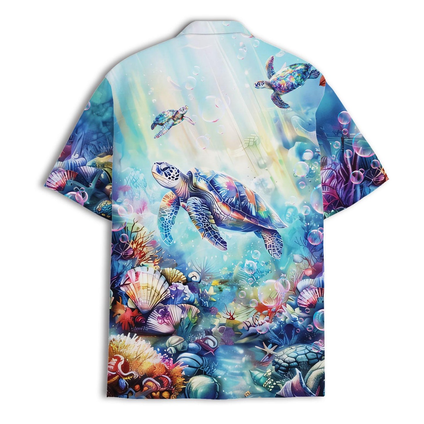 Back view of colorful underwater sea turtle Hawaiian shirt
