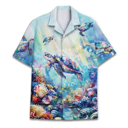 Front view of colorful sea turtle Hawaiian shirt with underwater coral reef print