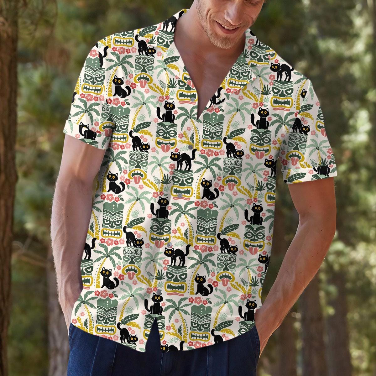 Model wearing the tropical black cat shirt outdoors