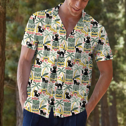 Model wearing the tropical black cat shirt outdoors