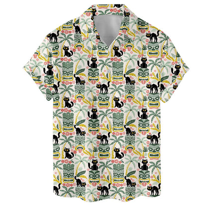 Front view of a short sleeve black cat Hawaiian shirt with a curved hem