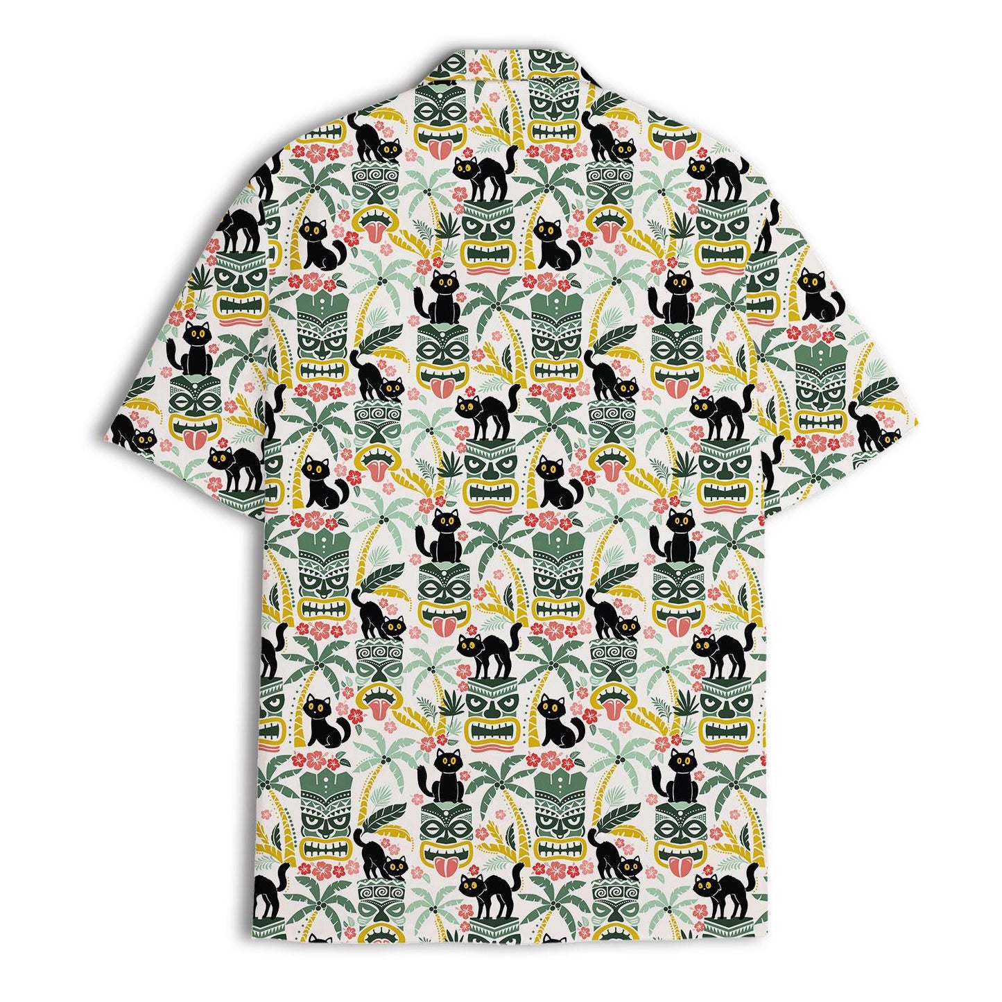 Back view showing the repeating black cat, tiki mask, and palm tree print
