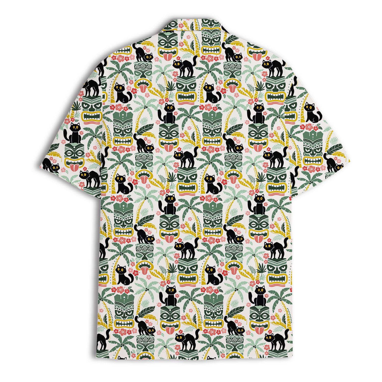 Back view showing the repeating black cat, tiki mask, and palm tree print