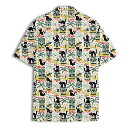 Back view showing the repeating black cat, tiki mask, and palm tree print