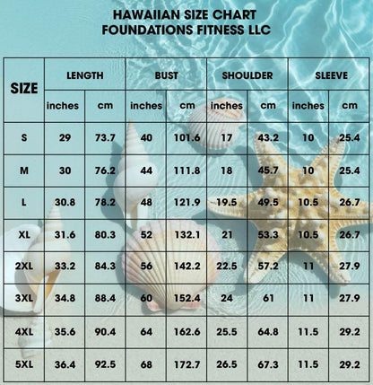 Hawaiian shirt size chart showing measurements from small through 5XL