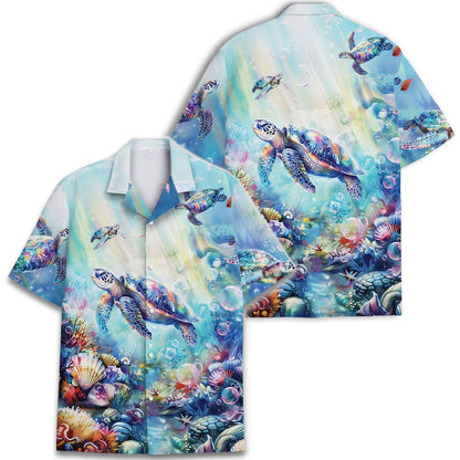 Front and back views of sea turtle ocean print Hawaiian shirt
