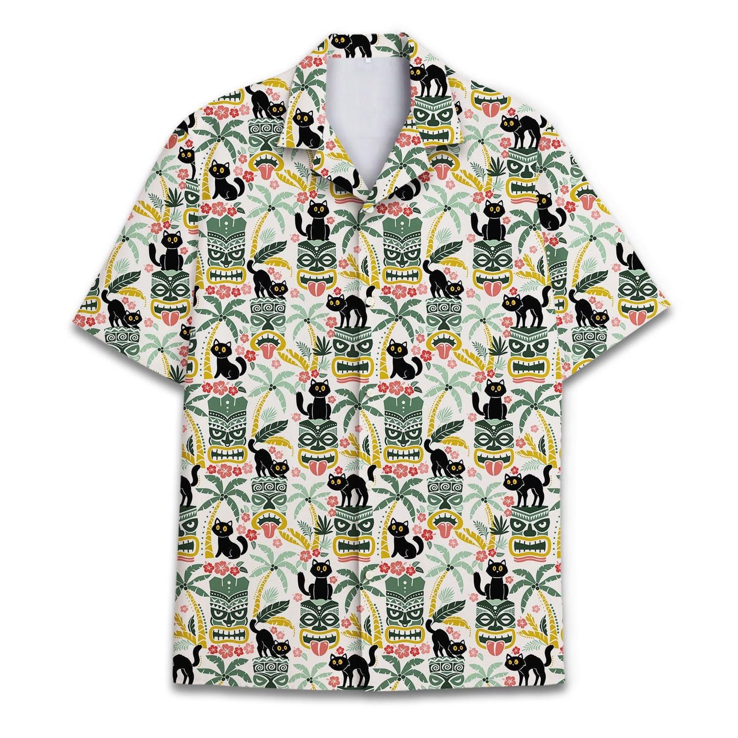 Front view of a black cat tiki Hawaiian shirt with tropical leaves and colorful flowers