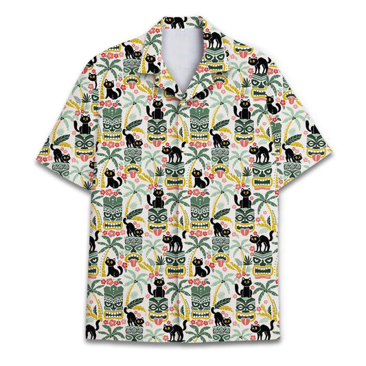 Front view of a black cat tiki Hawaiian shirt with tropical leaves and colorful flowers